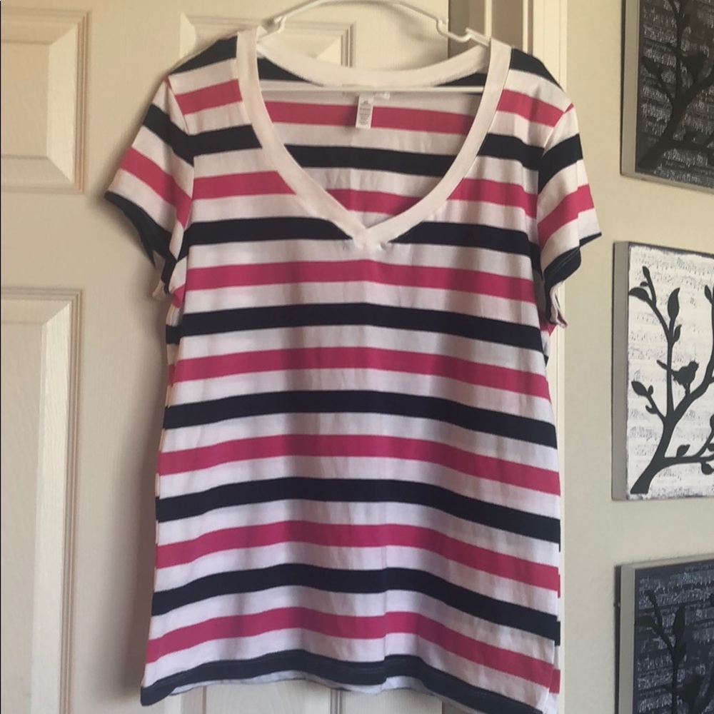 Navy White and Pink striped shirt.